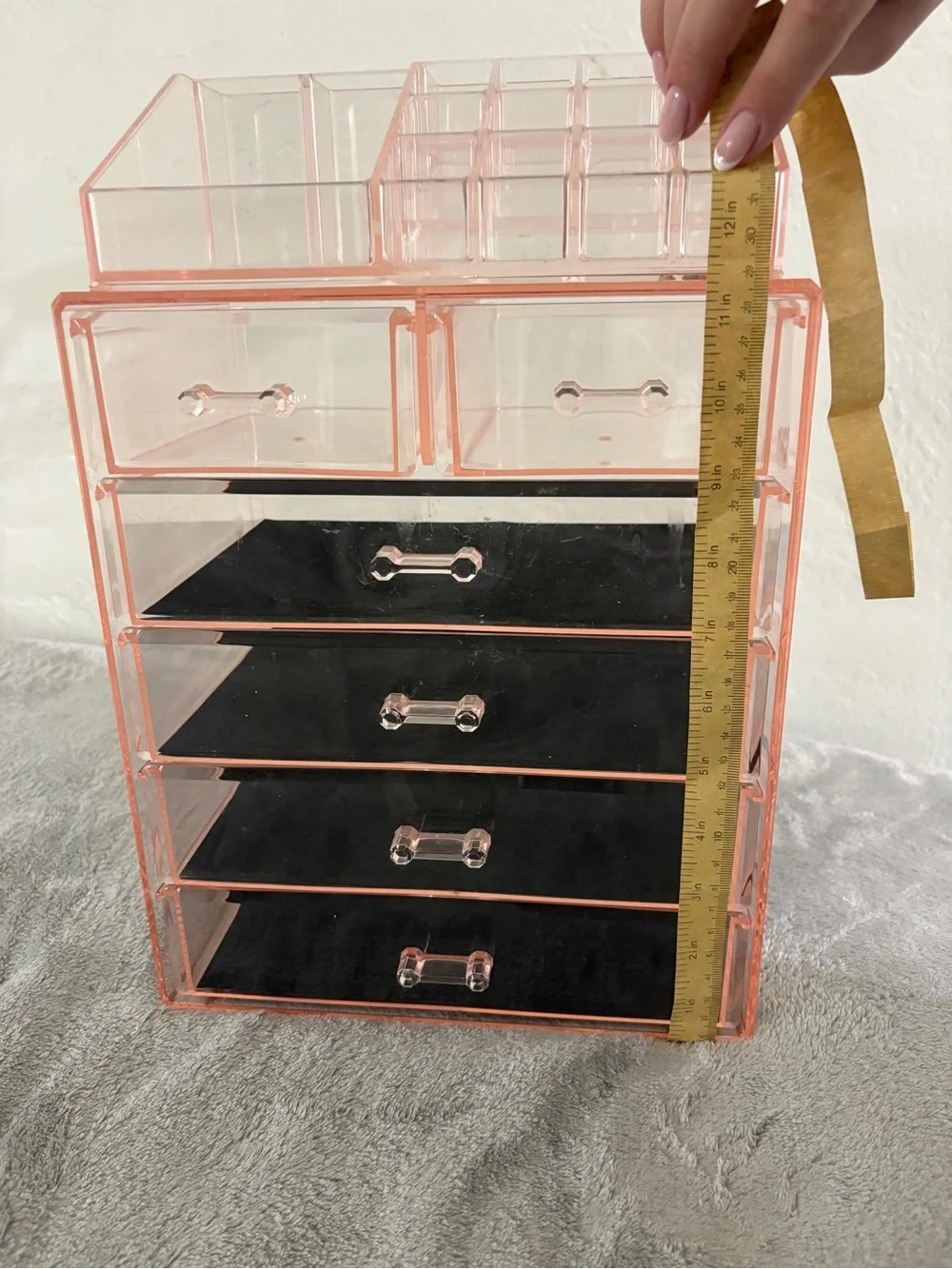 Pink Acrylic Makeup Organizer with 6 Drawers and Top Compartments
